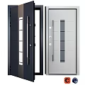 Modern Side-Hinged Doors Featuring Vertical Glass Panels Gray Strips Metal Handles And Locks