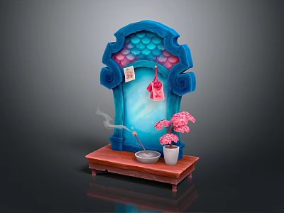 Decorative Blue Arched Structure With Fish Fin Decorations Pink Flowers Incense Burner On Wooden Base 3d model