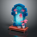 Decorative Blue Arched Structure With Fish Fin Decorations Pink Flowers Incense Burner On Wooden Base