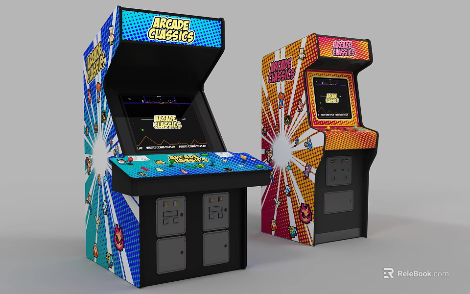 Vibrant Game Themed Arcade Machines Featuring Different Colorful Designs And Decorative Graphics 3d model 