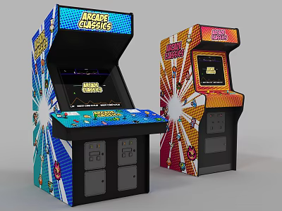 Vibrant Game Themed Arcade Machines Featuring Different Colorful Designs And Decorative Graphics 3d model