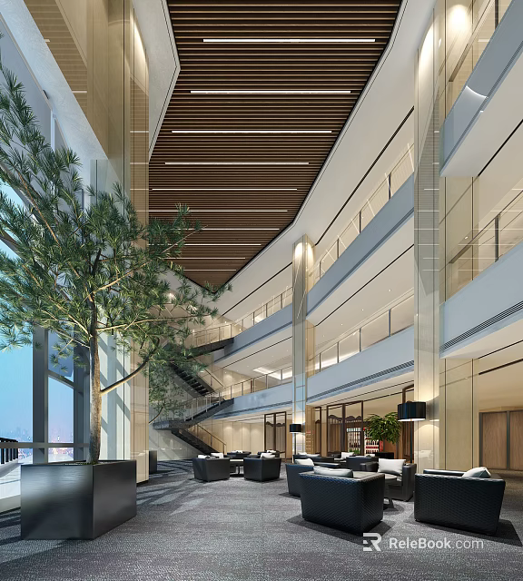 Modern Lobby Reception Desk With Open Wooden Ceiling Green Plants Sofa Area And Glass Railings 3d model 