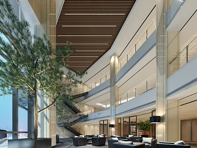 Modern Lobby Reception Desk With Open Wooden Ceiling Green Plants Sofa Area And Glass Railings 3d model