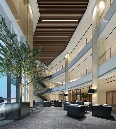 Modern Lobby Reception Desk With Open Wooden Ceiling Green Plants Sofa Area And Glass Railings 3d model