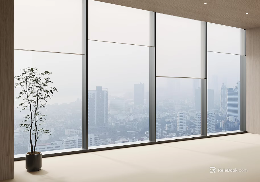 Elegant Curtains for Large Windows with City View in Spacious Modern Interior 3d model 