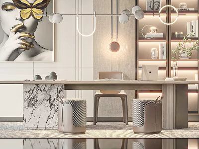 Study Room Interior Design with Marble Countertop Desk Bookshelves Pendant Lights and Butterfly Decor Painting 3d model