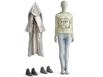 Model Wearing Yellow Printed Top and Blue Jeans with Long Coat and Casual Shoes 3d model