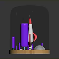 Transparent Glass Dome With Red Rocket Purple Pillars Stars Moon And Wooden Base