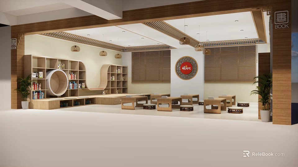 School Reading Room Interior with Wooden Bookshelves Tables and Round Wall Decor 3d model 
