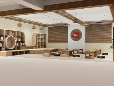 School Reading Room Interior with Wooden Bookshelves Tables and Round Wall Decor 3d model