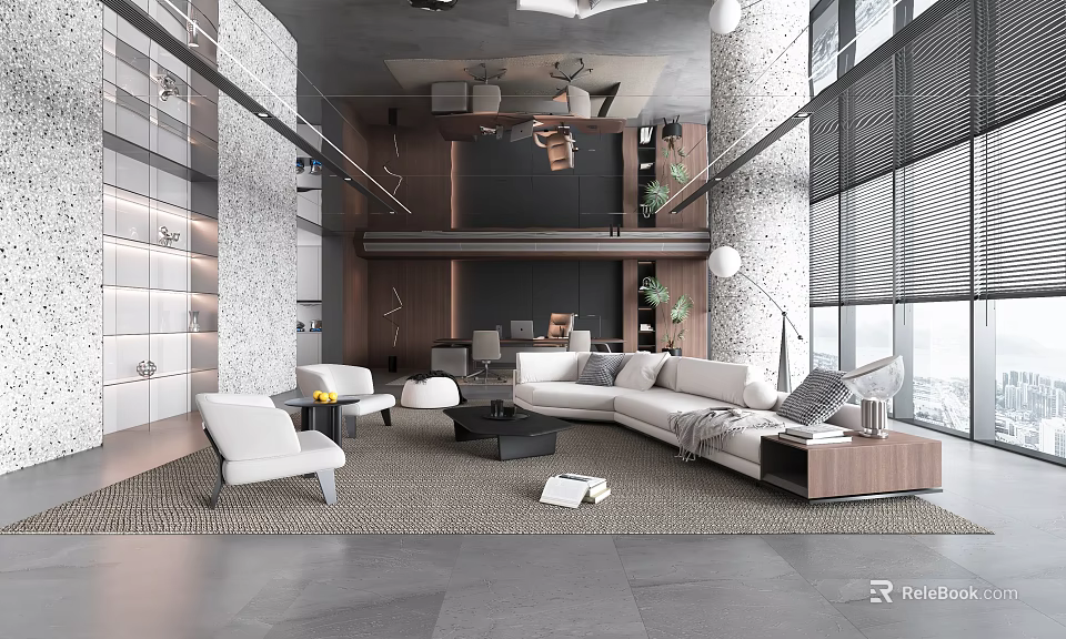 Modern Office Interior Design With Open Layout Sofa And Floor to Ceiling Windows 3d model 