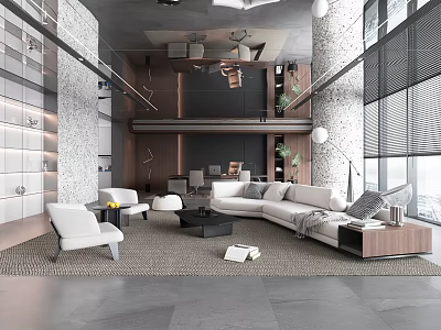 Modern Office Interior Design With Open Layout Sofa And Floor to Ceiling Windows 3d model