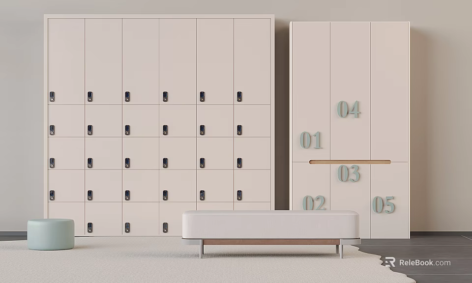 Modern White Numbered Storage Lockers With Bench In Interior Design 3d model 