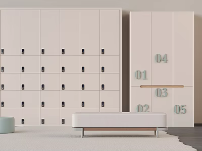 Modern White Numbered Storage Lockers With Bench In Interior Design 3d model