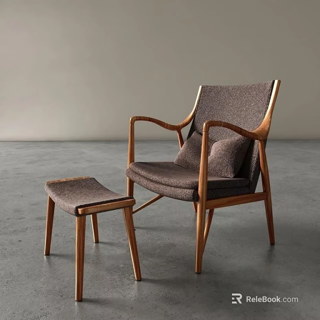 Modern Wooden Frame Leisure Chair With Upholstered Cushion And Matching Ottoman In Minimalist Interior 3d model 