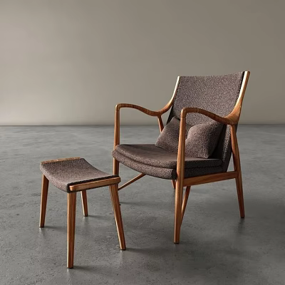 Modern Wooden Frame Leisure Chair With Upholstered Cushion And Matching Ottoman In Minimalist Interior 3d model