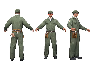 Man in Green Work Uniform with Cap and Tool Belt Full Body Multiple Angles View 3d model