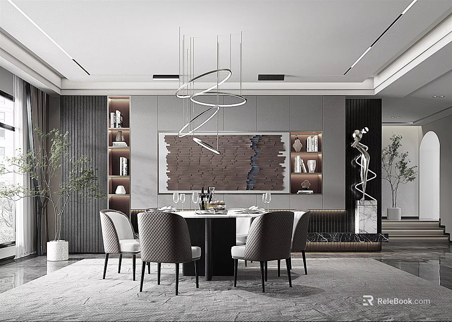 Modern Restaurant Interior With Round Dining Table Grey Chairs Pendant Lights And Artwork 3d model 