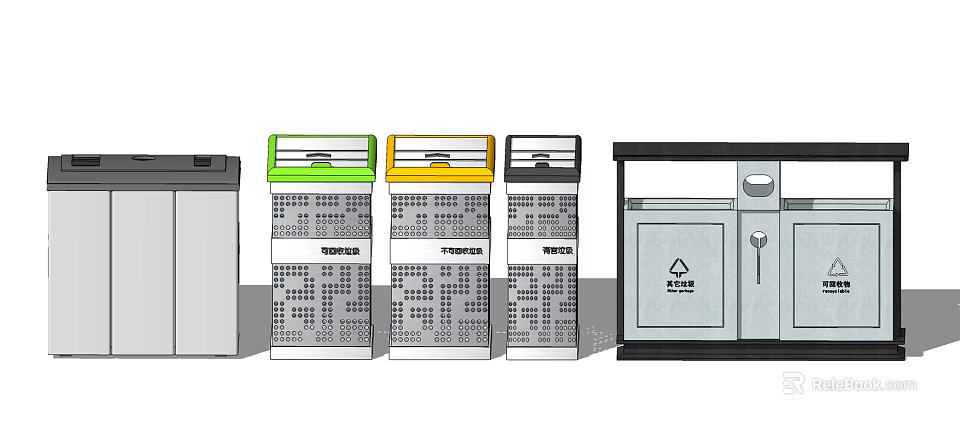 Public Waste Sorting Bins With Colorful Lids And Recycling Function Facility 3d model