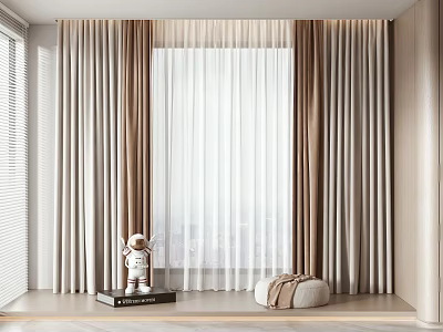 Double Layer Beige And Brown Striped Curtains With Sheer Curtain And Astronaut Figurine On Window Sill 3d model