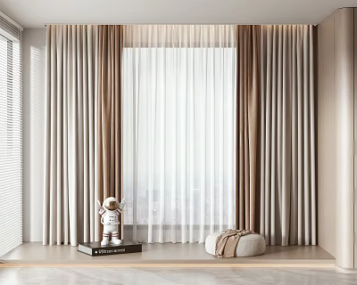 Double Layer Beige And Brown Striped Curtains With Sheer Curtain And Astronaut Figurine On Window Sill 3d model