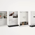 Four Standing Exhibition Panels With Images Text And Black Bases On White Background