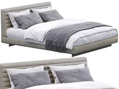 Modern Double Bed with Gray Upholstered Headboard White Gray Pillows and Gray Throw Blanket 3d model