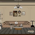 Classic Living Room Interior With Beige Walls Decorative Moldings Chandelier Brown Sofa And Geometric Rug