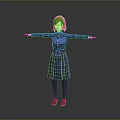 Child with red hair wearing blue dress and orange shoes standing with arms outstretched