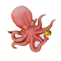 Pink Octopus Stuffed Toy Figure With Yellow Eyes And Detailed Tentacles Holding Yellow Ball