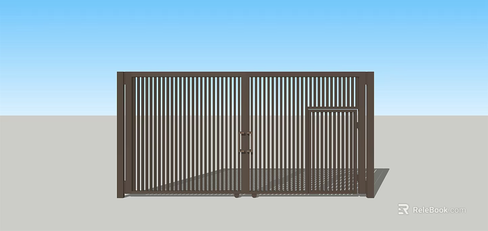 Modern Brown Metal Entrance Gate With Vertical Slats And Double Doors 3d model 