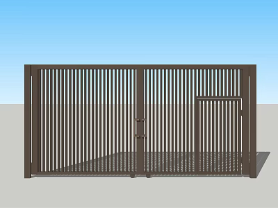 Modern Brown Metal Entrance Gate With Vertical Slats And Double Doors 3d model