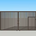 Modern Brown Metal Entrance Gate With Vertical Slats And Double Doors