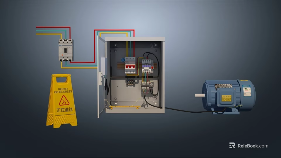 Electrical Control Panel With Wiring And Electric Motor And Maintenance Warning Sign 3d model 