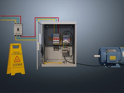 Electrical Control Panel With Wiring And Electric Motor And Maintenance Warning Sign 3d model