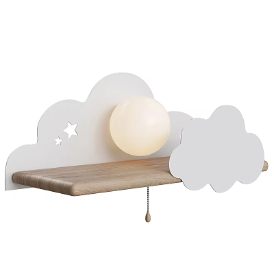 Cloud Shaped Wall Lamp With Round Bulb And Natural Wooden Shelf 3d model