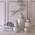 Decorative Ornament Set With Golden Plum Blossom Yellow Ceramic Jars And White Patterned Vase