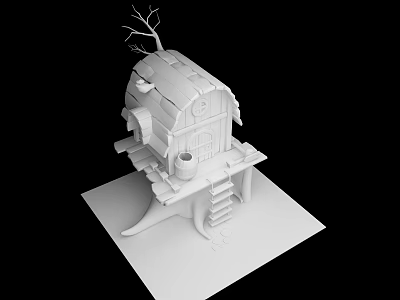 Handmade Wooden House Model With Ladder Platform And Branch Decoration 3d model