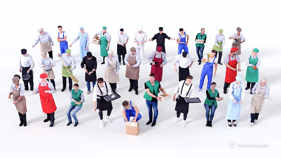 Diverse Group of People in Different Uniforms Holding Various Items Standing Together 3d model 