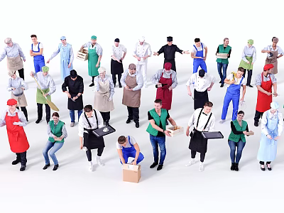 Diverse Group of People in Different Uniforms Holding Various Items Standing Together 3d model