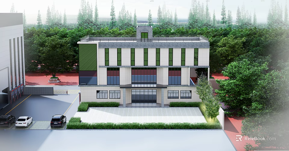 Modern Industrial Factory Building With Green And White Walls Trees Front Parking And Entrance Steps 3d model 