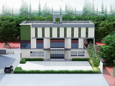 Modern Industrial Factory Building With Green And White Walls Trees Front Parking And Entrance Steps 3d model