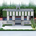 Modern Industrial Factory Building With Green And White Walls Trees Front Parking And Entrance Steps