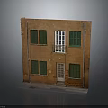 Two Story Brown Building Exterior With Green Windows Front Door And Balcony