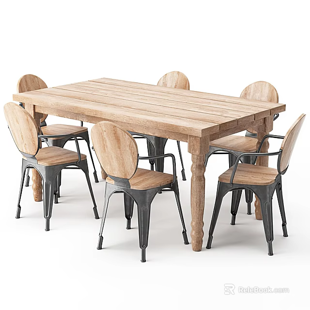 Rustic Wooden Dining Table And Six Chairs With Metal Legs Design 3d model 