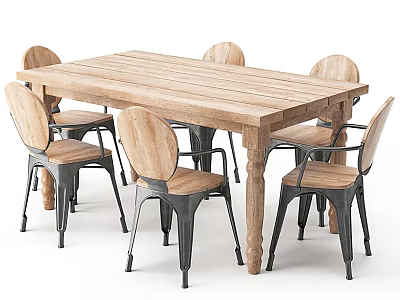 Rustic Wooden Dining Table And Six Chairs With Metal Legs Design 3d model
