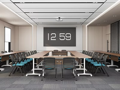 Modern Conference Room Interior With Long Table Chairs And Large Screen Showing Time 1259 3d model