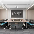 Modern Conference Room Interior With Long Table Chairs And Large Screen Showing Time 1259