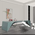 Modern Teal Curved Desk With Green Plant Vase Red Book Abstract Painting And White Ornament