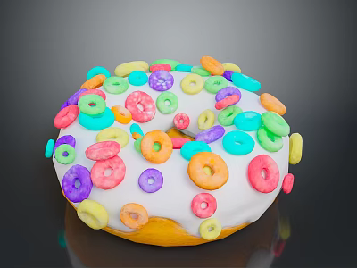 Colorful Donut Topped With White Frosting And Colorful Cereal Loops 3d model